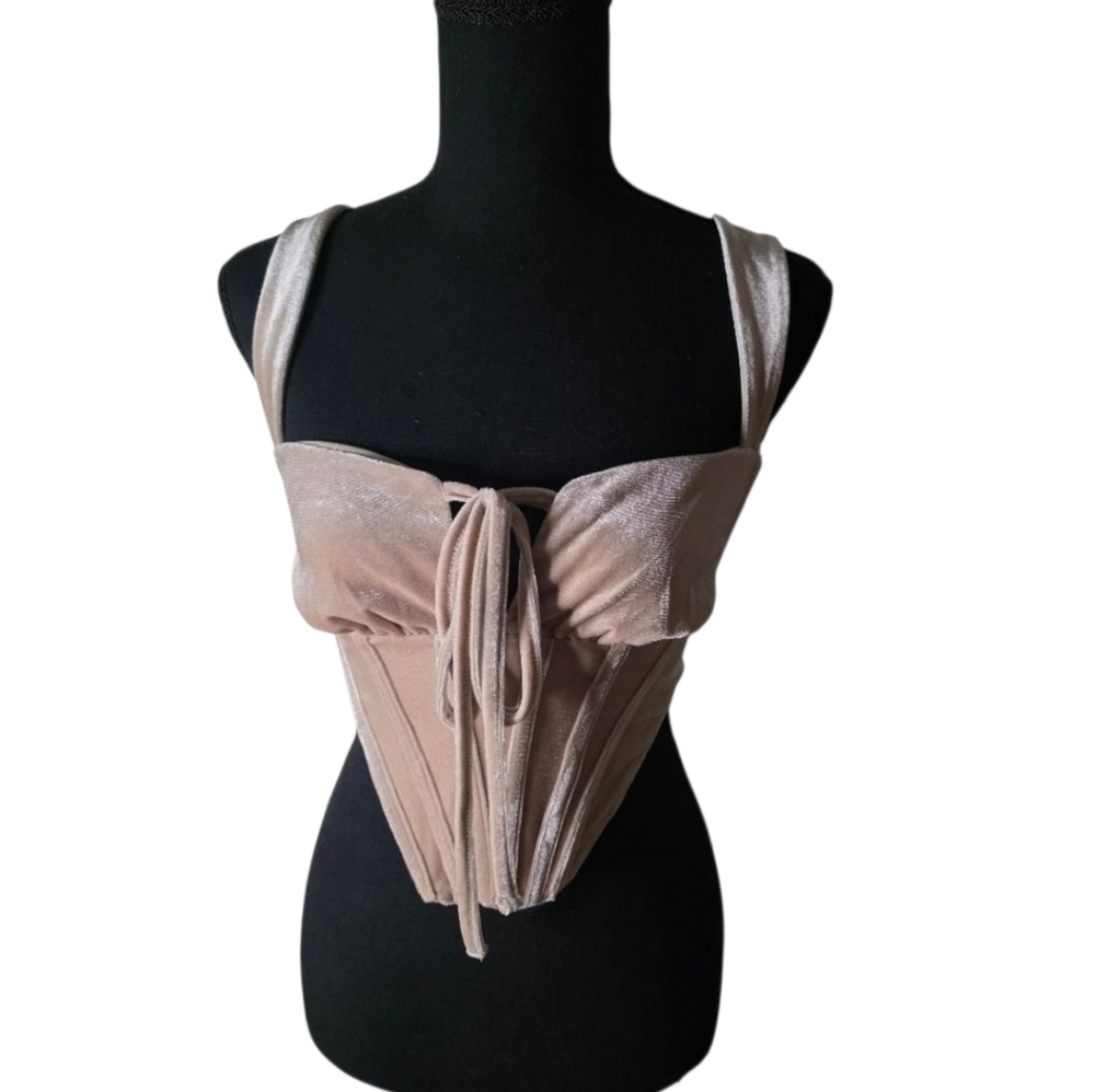Velvet Corset Crop Top | Champagne Nude Bustier | Size S
